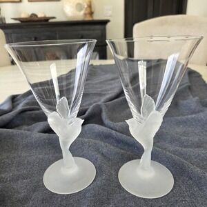 Sasaki Wings Wine/Water Doves 24% Lead Crystal Goblets Set Of 2 Japan